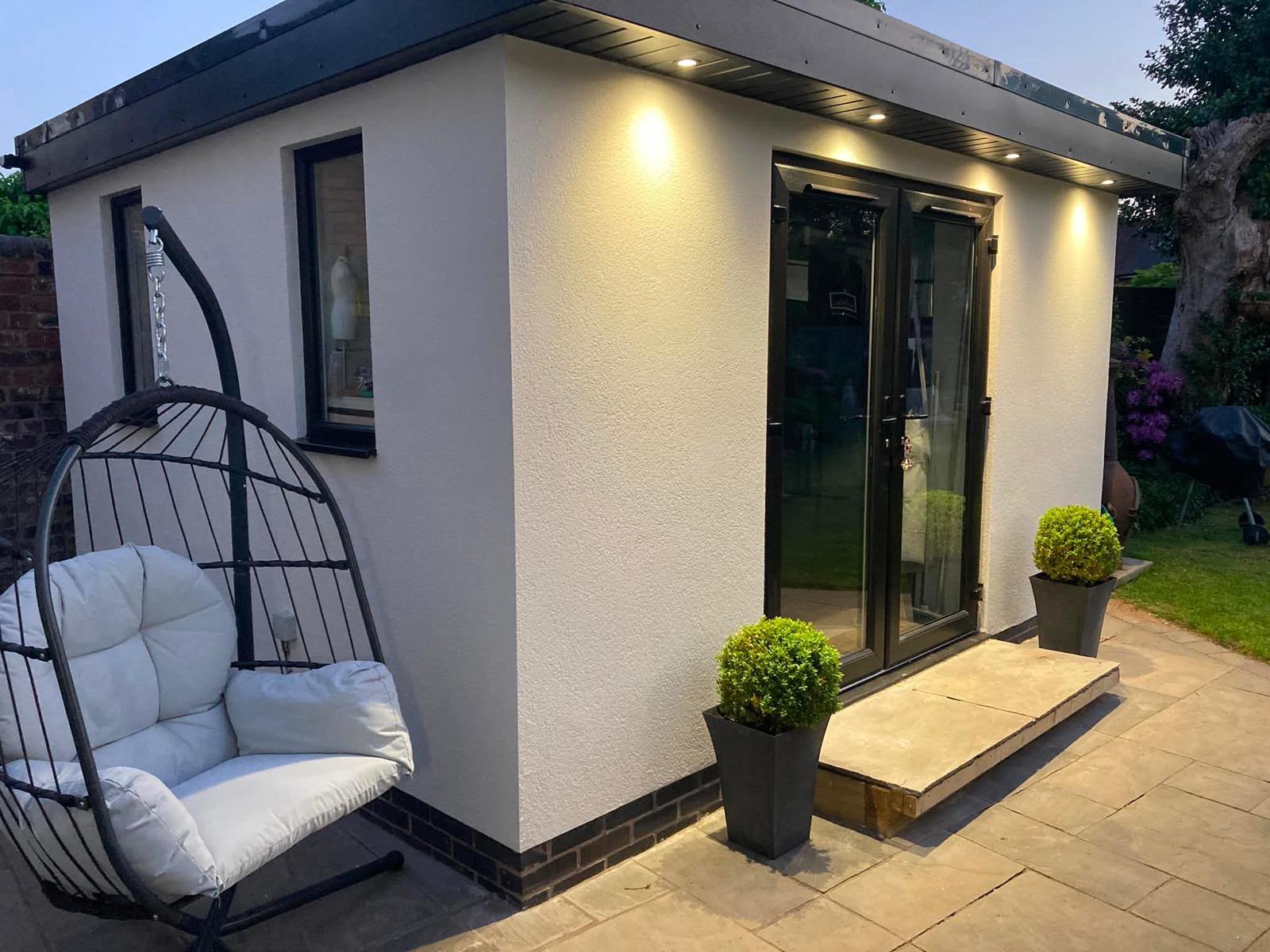Completed garden room at dusk